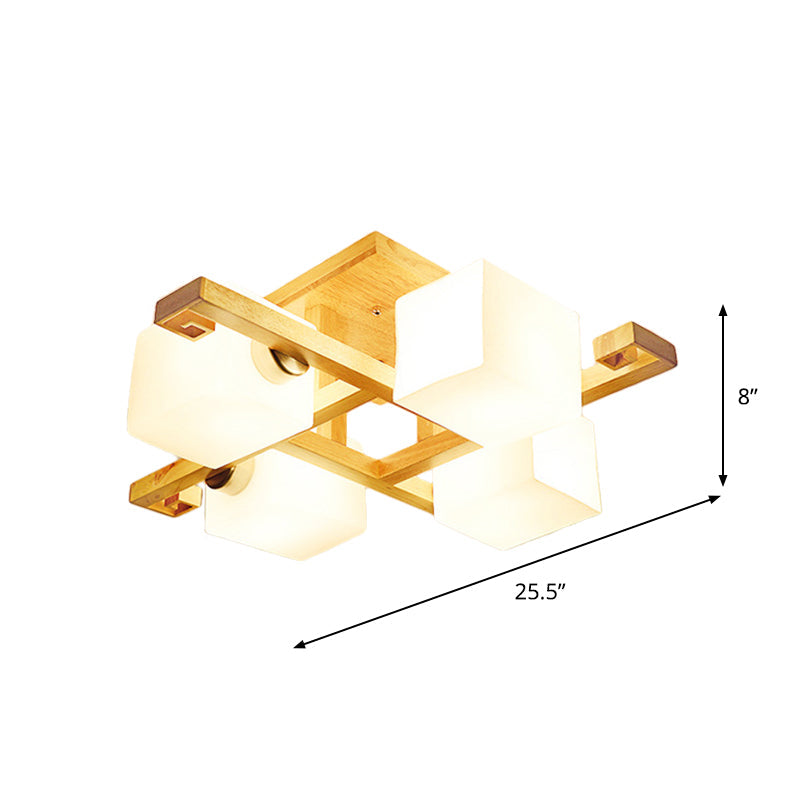 Modernism 4/5 Heads Ceiling Lighting Beige Cubic Semi Flush Mount Lamp with Opaline Glass Shade Clearhalo 'Ceiling Lights' 'Close To Ceiling Lights' 'Close to ceiling' 'Glass shade' 'Glass' 'Semi-flushmount' Lighting' 1804830