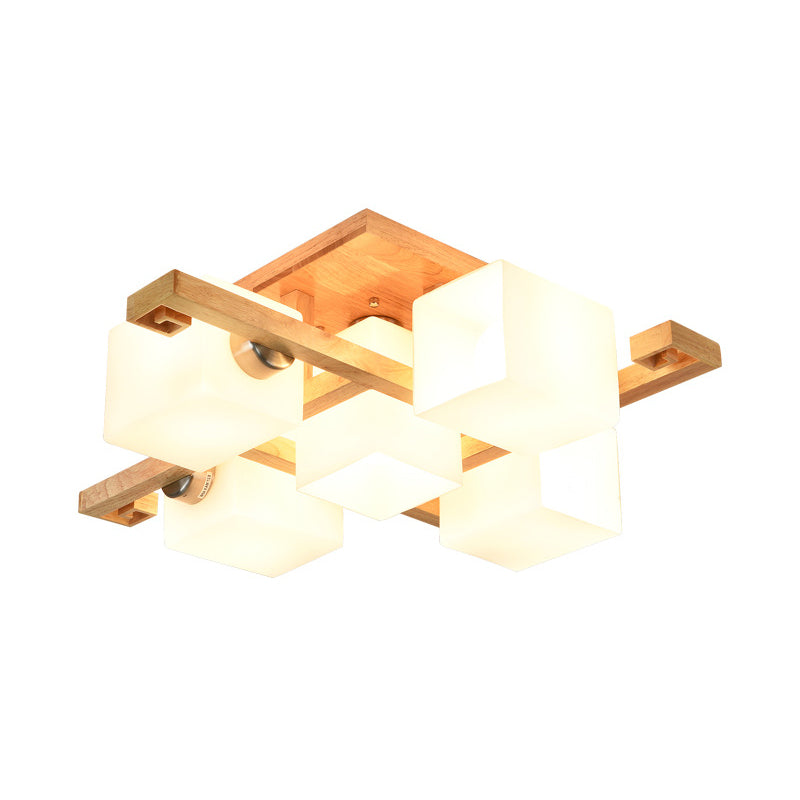 Modernism 4/5 Heads Ceiling Lighting Beige Cubic Semi Flush Mount Lamp with Opaline Glass Shade Clearhalo 'Ceiling Lights' 'Close To Ceiling Lights' 'Close to ceiling' 'Glass shade' 'Glass' 'Semi-flushmount' Lighting' 1804833
