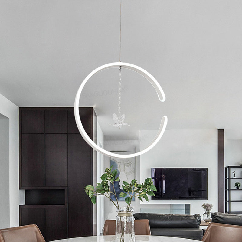 Metal C-Shape Suspension Lighting Minimalism Black/White LED Hanging Lamp Kit with Dangling Crystal Bird in Warm/White Light Clearhalo 'Ceiling Lights' 'Modern Pendants' 'Modern' 'Pendant Lights' 'Pendants' Lighting' 1805078