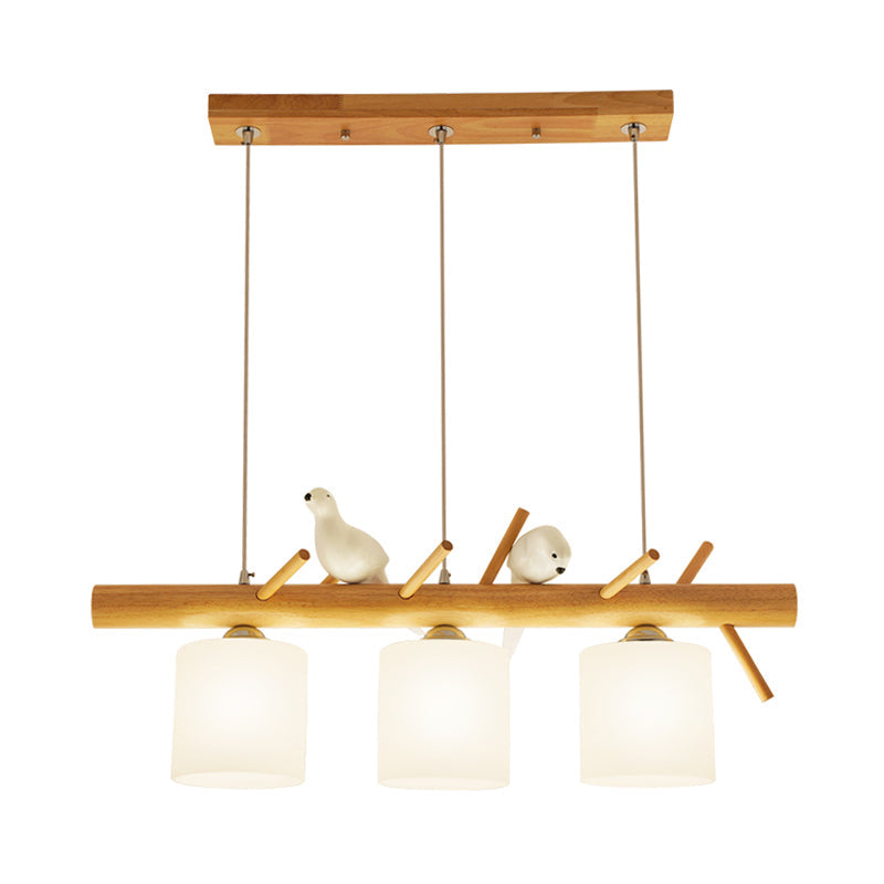 Beige Drum Island Lighting Ideas Simple 2/3 Heads Opaque Glass Pendant Lamp with Bird on Wood Branch Beam Design Clearhalo 'Ceiling Lights' 'Island Lights' Lighting' 1805168