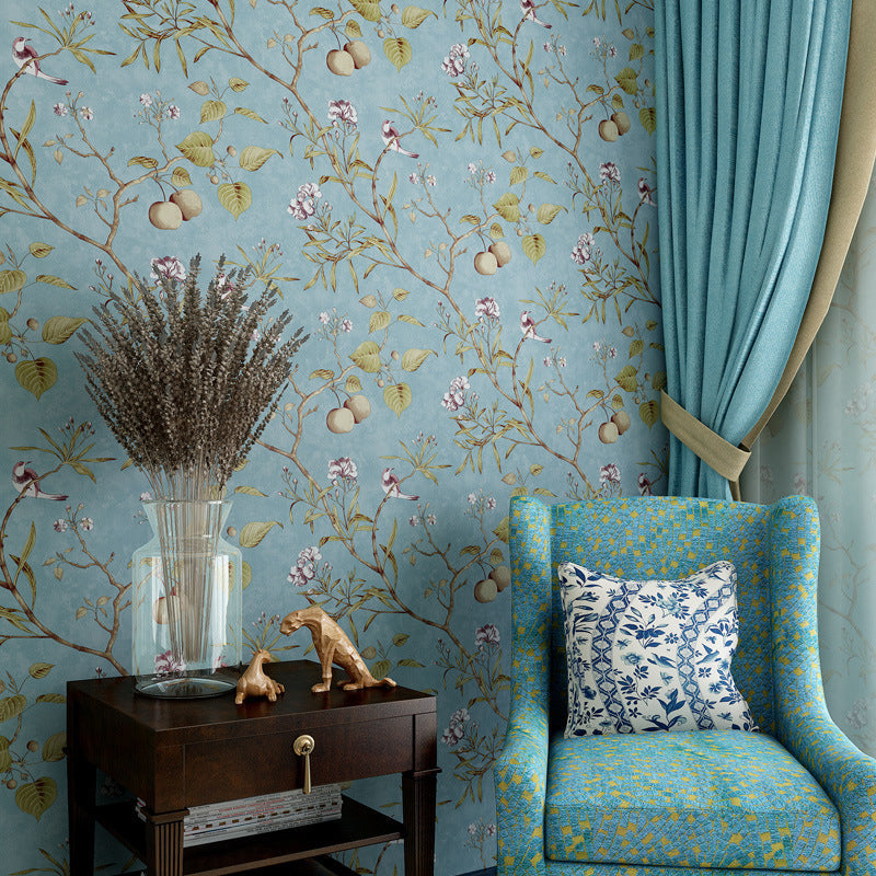 20.5-inch x 33-foot American Country Apple Tree and Fruits Non-Pasted Wallpaper in Pastel Color Blue Flower Clearhalo 'Country wall decor' 'Rustic' 'Vintage wall decor' 'Vintage' 'Wallpaper' Wall Decor' 1806225