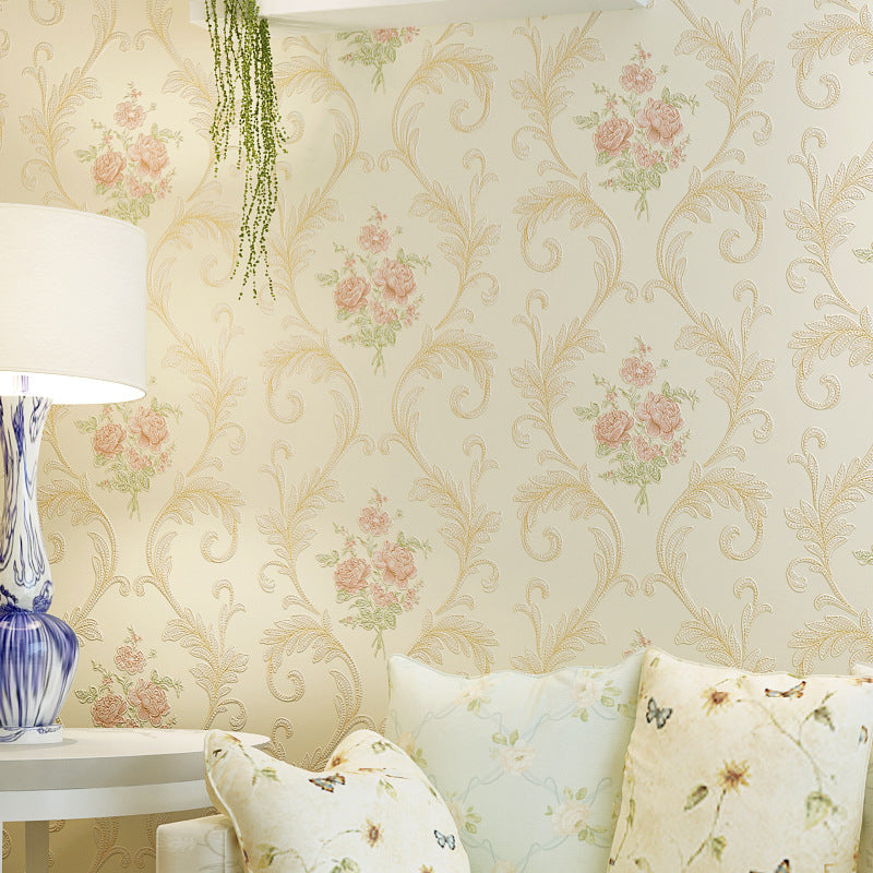 Retro Yellow 20.5-inch x 33-foot Non-Woven Decorative Curved Branch and Blossoms Wallpaper Orange Clearhalo 'Country wall decor' 'Rustic' 'Wallpaper' Wall Decor' 1806259