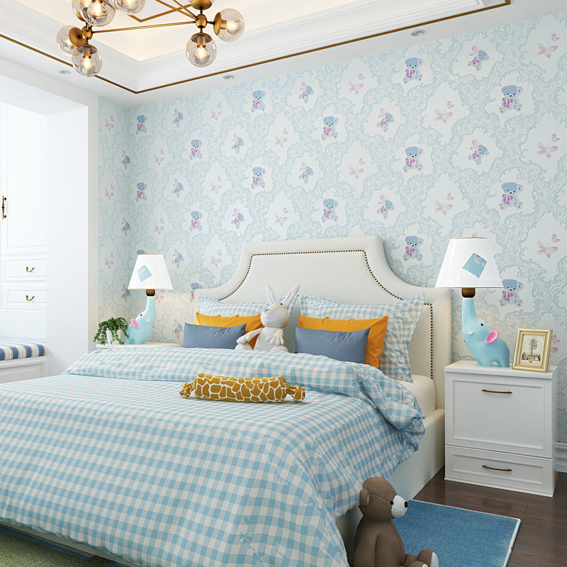 16.5 ft. x 20.5 in Minimalist Cartoon Bear Wallpaper for Kid, Non-Pasted Blue Clearhalo 'Wall Decor' 'Wallpaper' 1806420