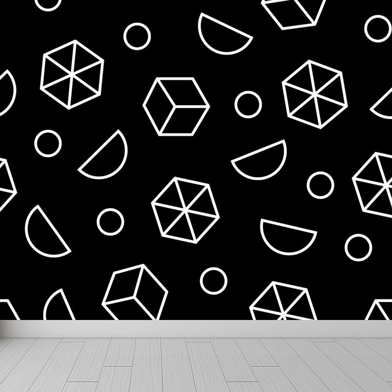 Modern Geometric Wall Paper Mural for Kids Room Custom Wall Covering in Black-White Clearhalo 'Wall Decor' 'Wall Mural' 1806799