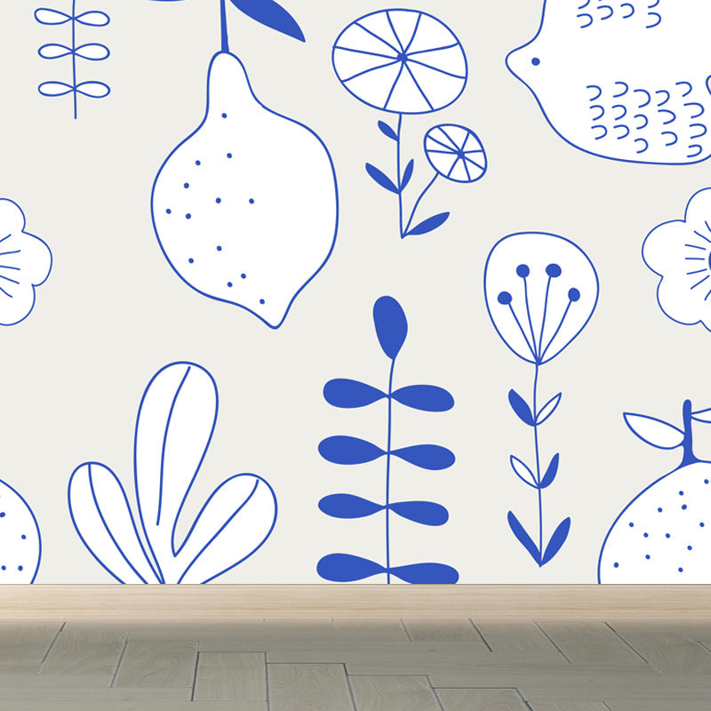Illustration Flower Wall Mural Decal for House Interior, Soft Color, Made to Measure Blue Clearhalo 'Wall Decor' 'Wall Mural' 1807158