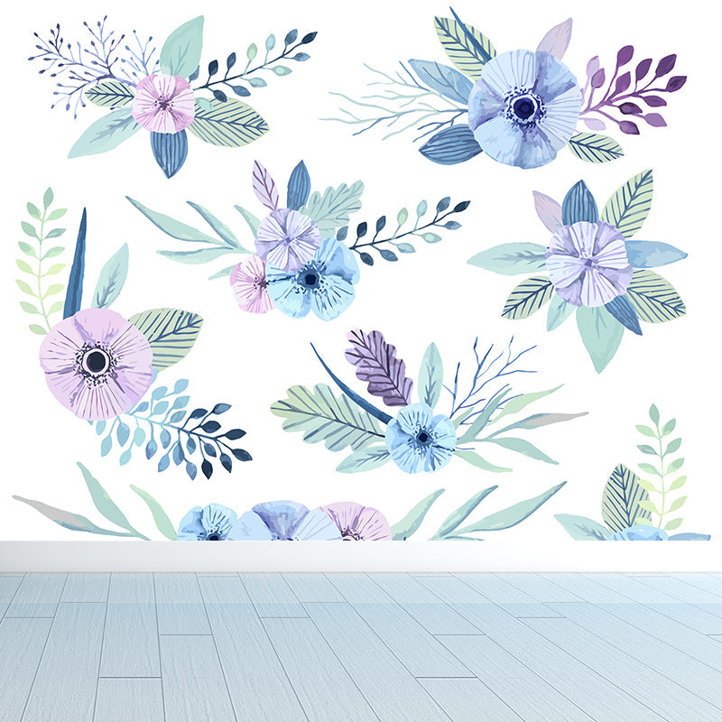 Large Flower Wall Paper Mural Modernist Pretty Plant Wall Covering in Light Color Blue Clearhalo 'Wall Decor' 'Wall Mural' 1807198