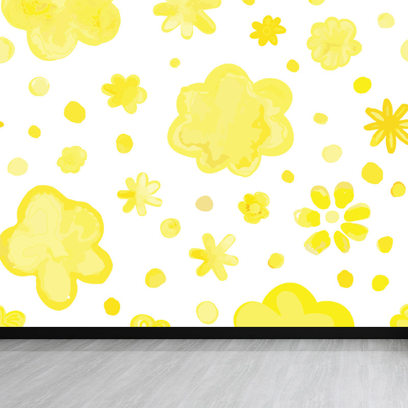 Bright Flowers Wall Mural Decal Stain Resistant Wall Decor for Kindergarten, Custom Made Lemon Yellow Clearhalo 'Wall Decor' 'Wall Mural' 1807288