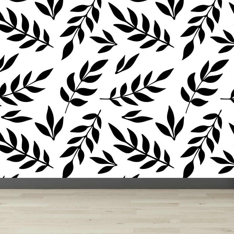 Flower and Leaf Print Mural Modern Waterproof Girls Bedroom Wall Art, Custom Size Clearhalo 'Wall Decor' 'Wall Mural' 1807294