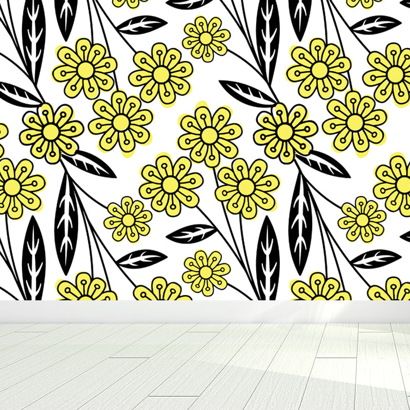 Flower and Leaf Print Mural Modern Waterproof Girls Bedroom Wall Art, Custom Size Clearhalo 'Wall Decor' 'Wall Mural' 1807310