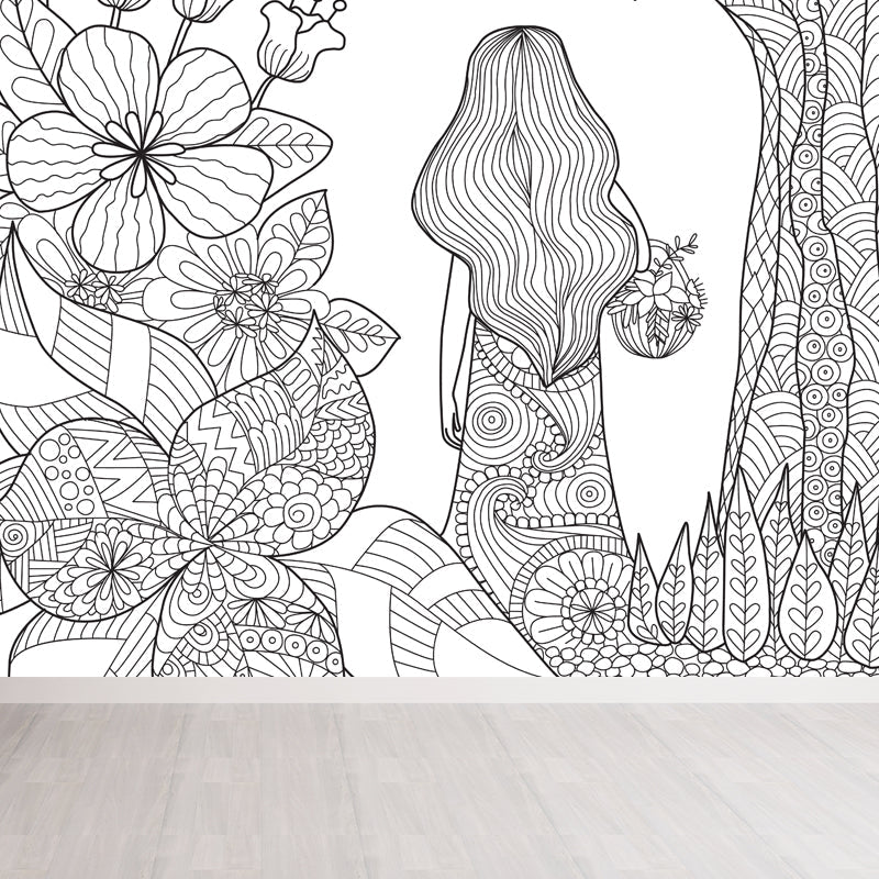 Art Deco Blossoming Wall Mural Black and White Stain-Proof Wall Covering for Girls Room Black Design 1 Clearhalo 'Wall Decor' 'Wall Mural' 1807493