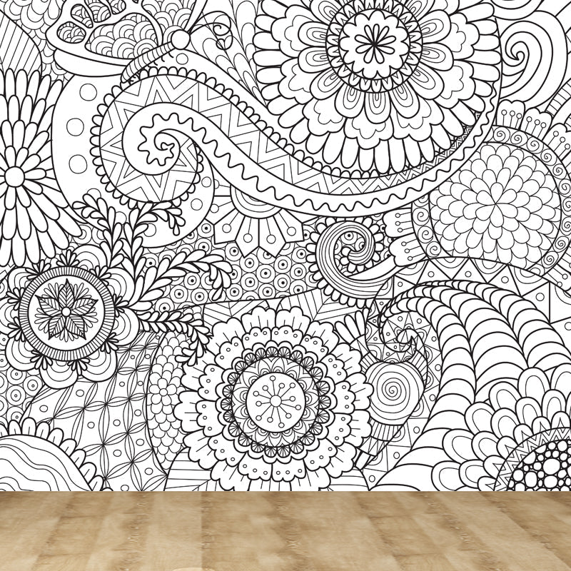 Art Deco Blossoming Wall Mural Black and White Stain-Proof Wall Covering for Girls Room Black Design 4 Clearhalo 'Wall Decor' 'Wall Mural' 1807508
