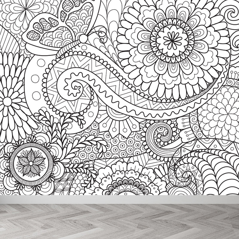 Art Deco Blossoming Wall Mural Black and White Stain-Proof Wall Covering for Girls Room Clearhalo 'Wall Decor' 'Wall Mural' 1807510