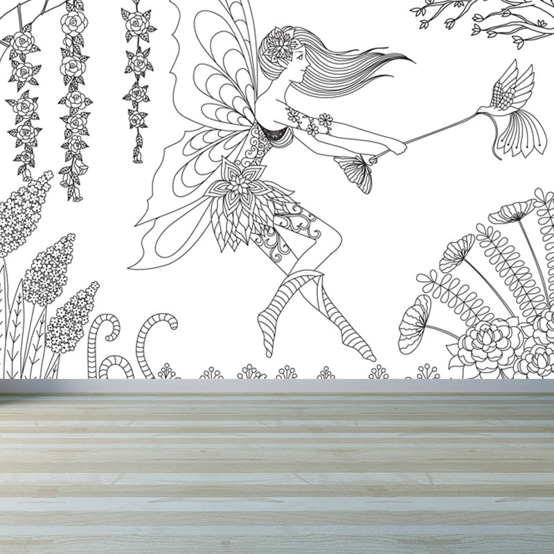 Hand-Print Fairy Tales Mural Black and White Cartoon Wall Decor for Childrens Room Black Design 4 Clearhalo 'Wall Decor' 'Wall Mural' 1807533