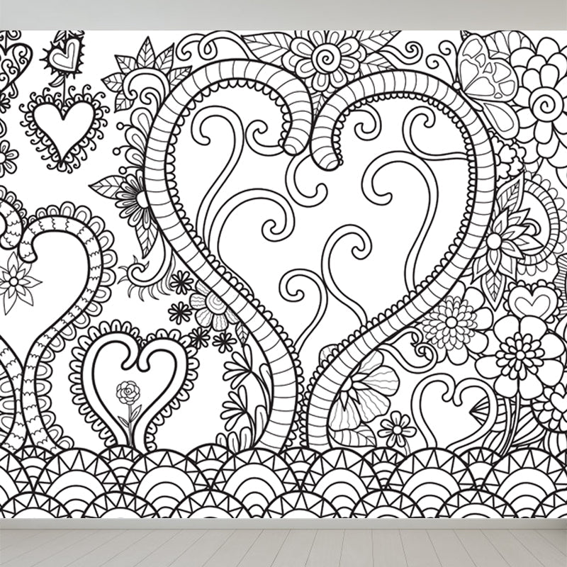 Black and White Doodles Mural Wallpaper Fantasy Kids Moisture Resistant Wall Art Black Design 1 Clearhalo 'Wall Decor' 'Wall Mural' 1807543
