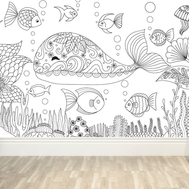 Black and White Doodles Mural Wallpaper Fantasy Kids Moisture Resistant Wall Art Black Design 2 Clearhalo 'Wall Decor' 'Wall Mural' 1807548