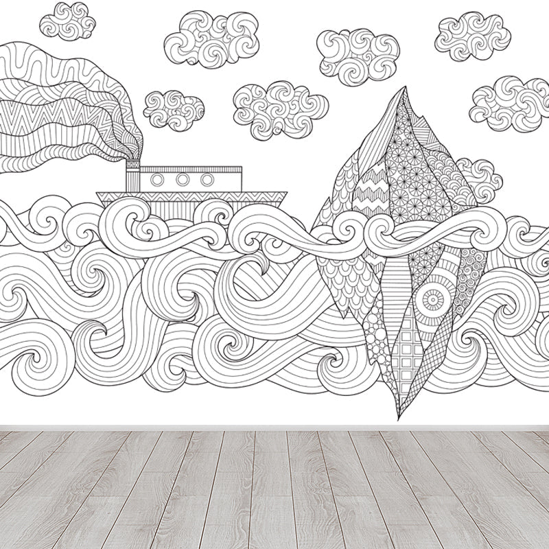 Full Size Cartoon Wallpaper Mural Black and White Hand Print Landscape Wall Covering, Custom Made Black Design 2 Clearhalo 'Wall Decor' 'Wall Mural' 1807573