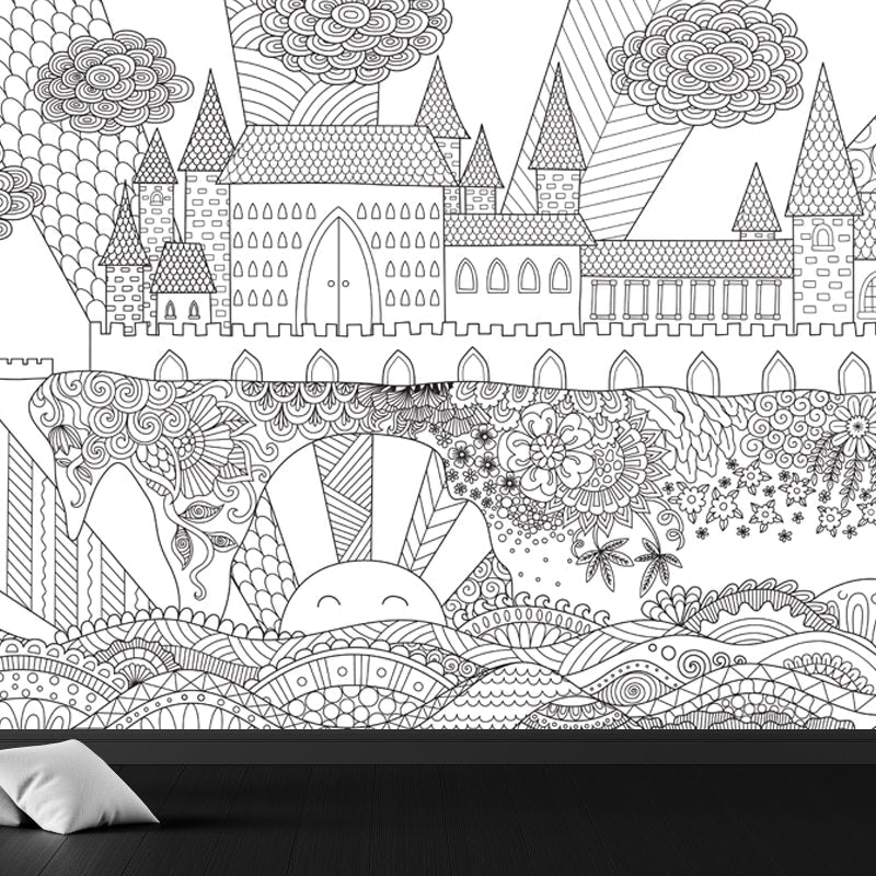 Full Size Cartoon Wallpaper Mural Black and White Hand Print Landscape Wall Covering, Custom Made Black Design 3 Clearhalo 'Wall Decor' 'Wall Mural' 1807578