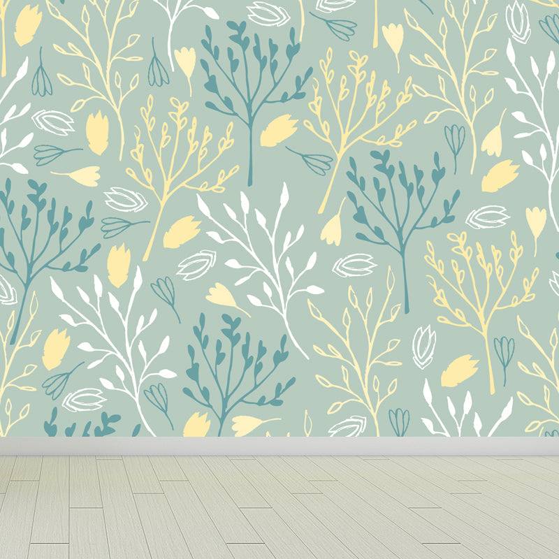 Botanical Print Mural Wallpaper Pastel Color Contemporary Wall Covering for Bedroom Light Green Clearhalo 'Wall Decor' 'Wall Mural' 1807813