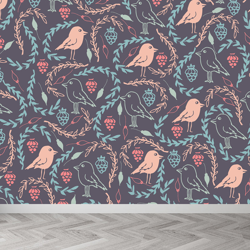 Illustration Leaves Pattern Wall Mural for Living Room, Pastel Color, Personalized Clearhalo 'Wall Decor' 'Wall Mural' 1807845