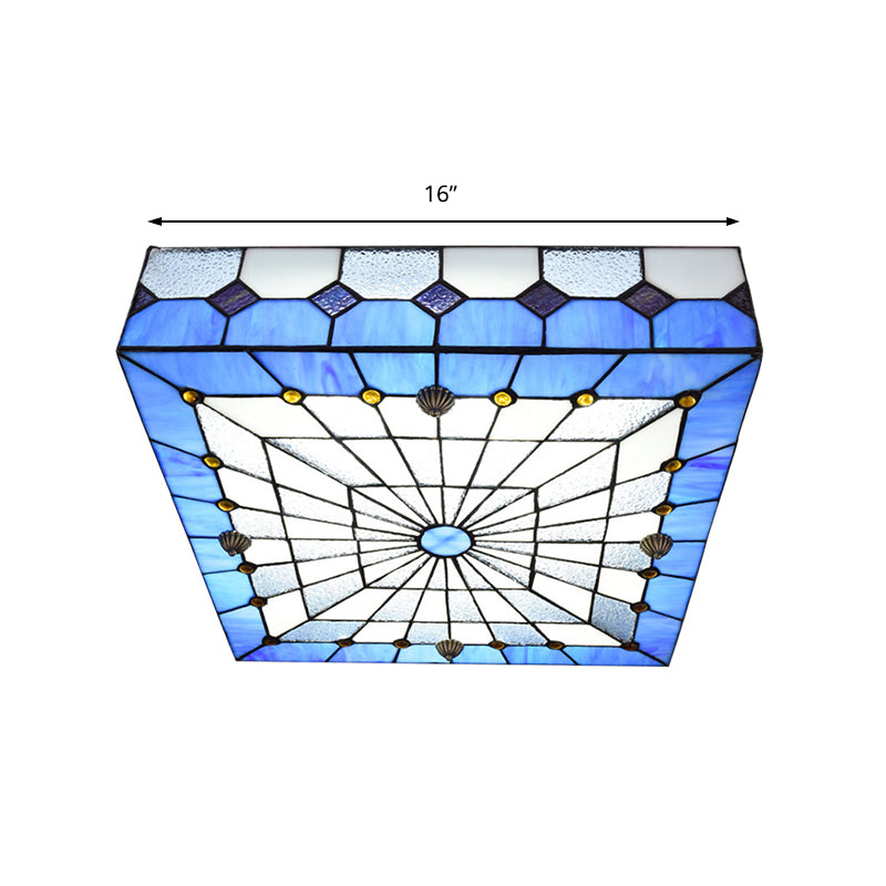 12"/16" W Blue Square Flushmount Light Tiffany Style Stained Glass 1 Light Ceiling Light Fixture for Dining Room Clearhalo 'Ceiling Lights' 'Close To Ceiling Lights' 'Close to ceiling' 'Flush mount' Lighting' 180800