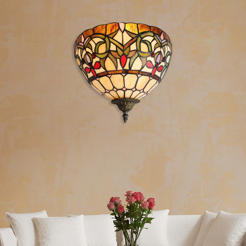 Rustic Bowl Wall Sconce Lighting Stained Glass 1 Bulb Wall Lighting in Multi Color for Staircase Clearhalo 'Industrial' 'Middle century wall lights' 'Tiffany wall lights' 'Tiffany' 'Wall Lamps & Sconces' 'Wall Lights' Lighting' 180852