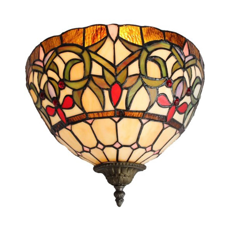 Rustic Bowl Wall Sconce Lighting Stained Glass 1 Bulb Wall Lighting in Multi Color for Staircase Clearhalo 'Industrial' 'Middle century wall lights' 'Tiffany wall lights' 'Tiffany' 'Wall Lamps & Sconces' 'Wall Lights' Lighting' 180853