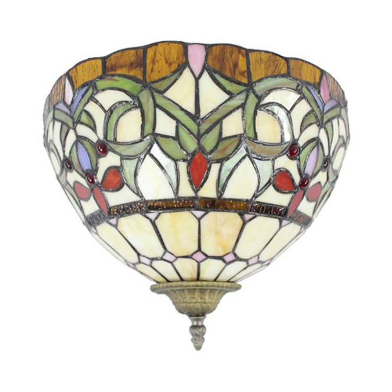 Rustic Bowl Wall Sconce Lighting Stained Glass 1 Bulb Wall Lighting in Multi Color for Staircase Clearhalo 'Industrial' 'Middle century wall lights' 'Tiffany wall lights' 'Tiffany' 'Wall Lamps & Sconces' 'Wall Lights' Lighting' 180854