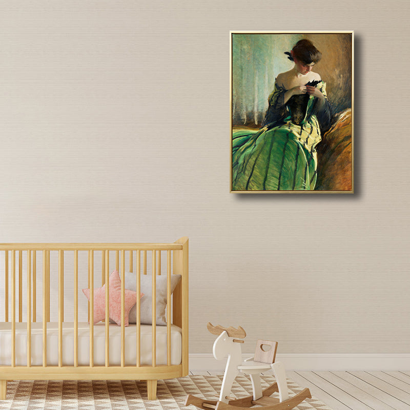 Girl in Green Robe Painting Figure Renaissance Textured Wall Art Decor for Dining Room