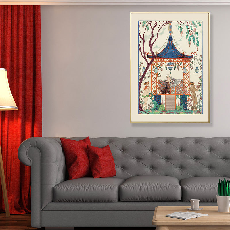 Asian Painting Print Pavilion Canvas Art Pastel Family Room Wall Decor, Textured - Yellow - Clearhalo - 'Arts' - 'Canvas Art' - 1809277