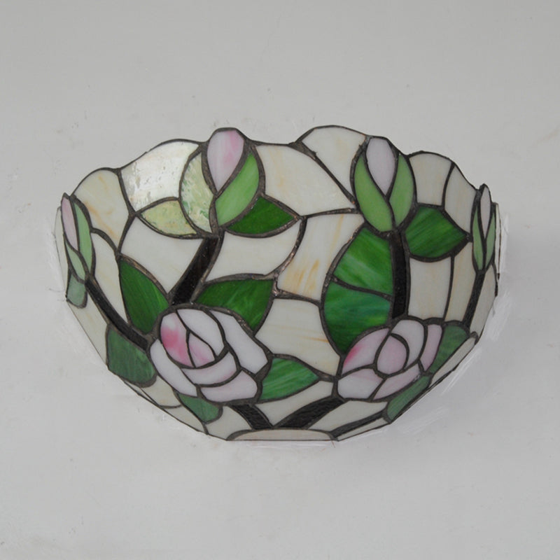 Green Bowl Wall Mount Light with Pink Rose Rustic 1 Head Stained Glass Mini Wall Lamp Clearhalo 'Industrial' 'Middle century wall lights' 'Tiffany wall lights' 'Tiffany' 'Wall Lamps & Sconces' 'Wall Lights' Lighting' 180936