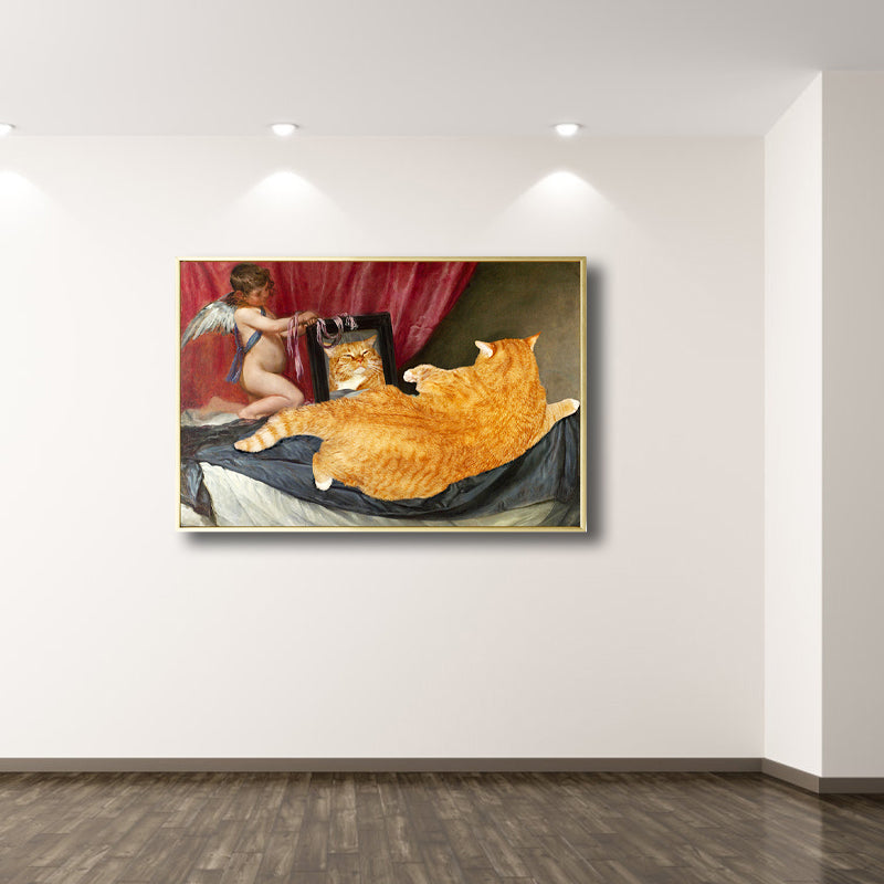 Angel Boy and Cat Canvas Art Bedroom Animal Drawing Wall Decor in Yellow, Textured - Yellow - Clearhalo - 'Arts' - 'Canvas Art' - 1809747