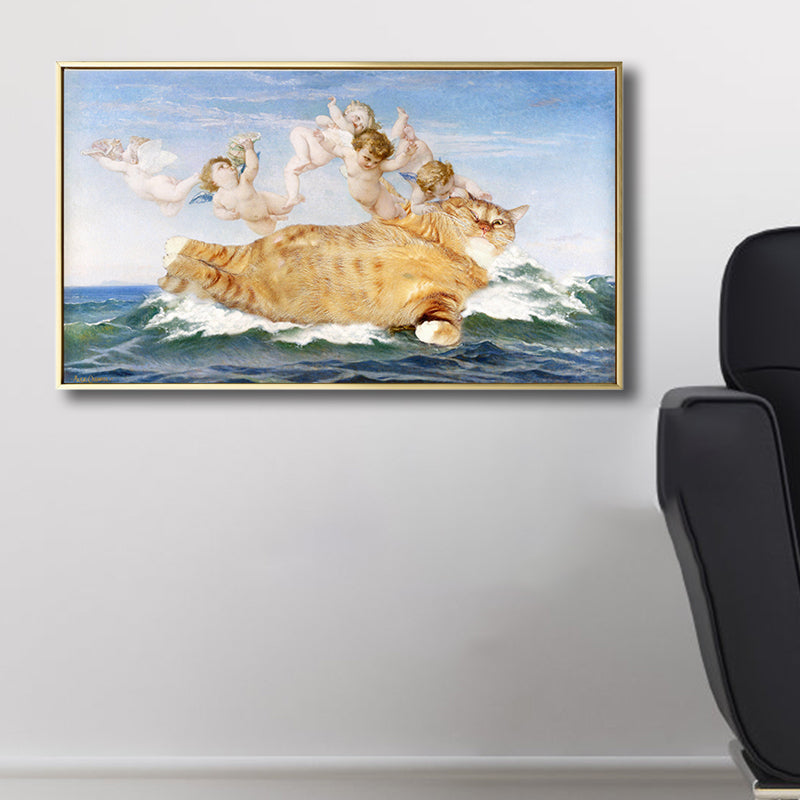 Fat Cat and Angels Canvas Kids Style Spoof Animal Wall Art Print in Yellow and Blue