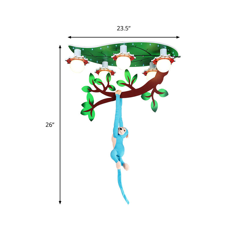 Nursing Room Branch Ceiling Fixture with Hanging Monkey Wood 4 Lights Green Ceiling Mount Light Clearhalo 'Ceiling Lights' 'Close To Ceiling Lights' 'Close to ceiling' 'Flush mount' Lighting' 181113