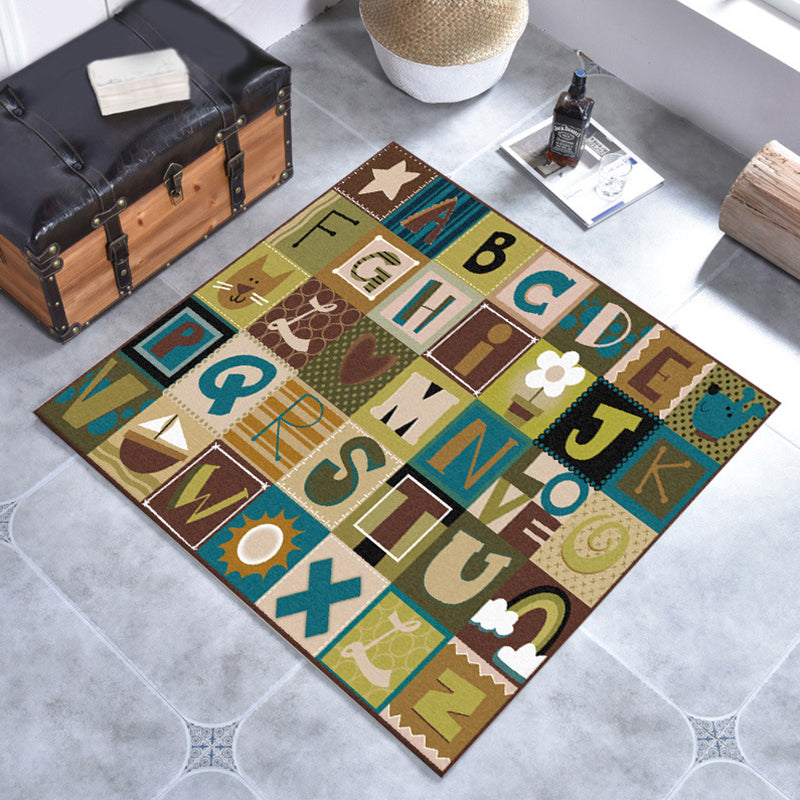 Kids Checked Pattern Rug with Letter Brown Polyester Rug Non-Slip Pet Friendly Washable Are Rug for Child's Room Brown Clearhalo 'Area Rug' 'Rug' 1811574