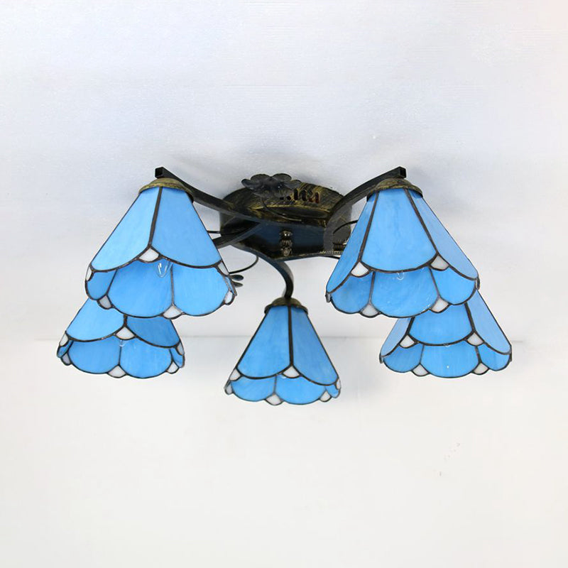 Clear/Blue/Beige Lodge Semi Flush Light with Cone Shade Stained Glass 5 Lights Semi Flushmount for Stairway Clearhalo 'Ceiling Lights' 'Chandeliers' 'Close To Ceiling Lights' 'Close to ceiling' 'Glass shade' 'Glass' 'Semi-flushmount' 'Tiffany close to ceiling' 'Tiffany' Lighting' 181163