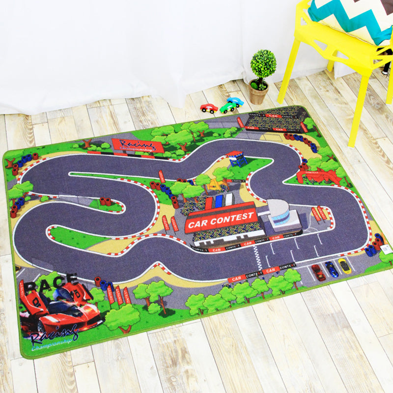 Funky Road Pattern Rug with Building Green and Grey Kids Rug Polyester Pet Friendly Washable Non-Slip Area Rug for Decoration Silver Gray 3'3" x 4'11" Clearhalo 'Area Rug' 'Rug' 1811641