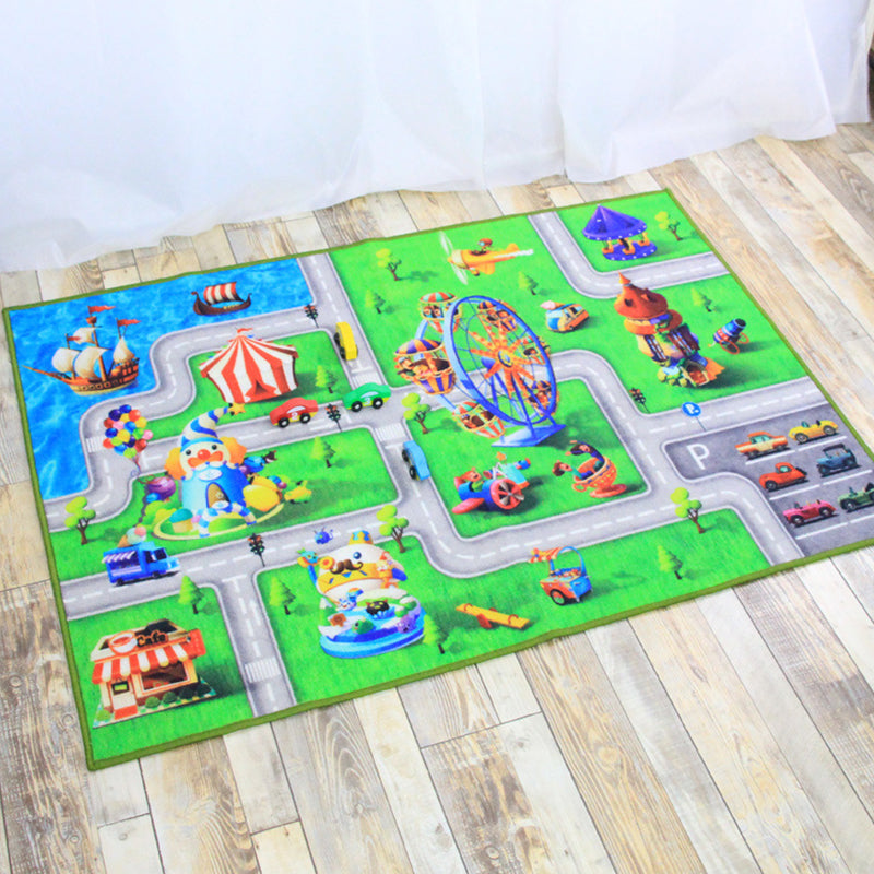 Funky Road Pattern Rug with Building Green and Grey Kids Rug Polyester Pet Friendly Washable Non-Slip Area Rug for Decoration Green 3'3" x 4'11" Clearhalo 'Area Rug' 'Rug' 1811643