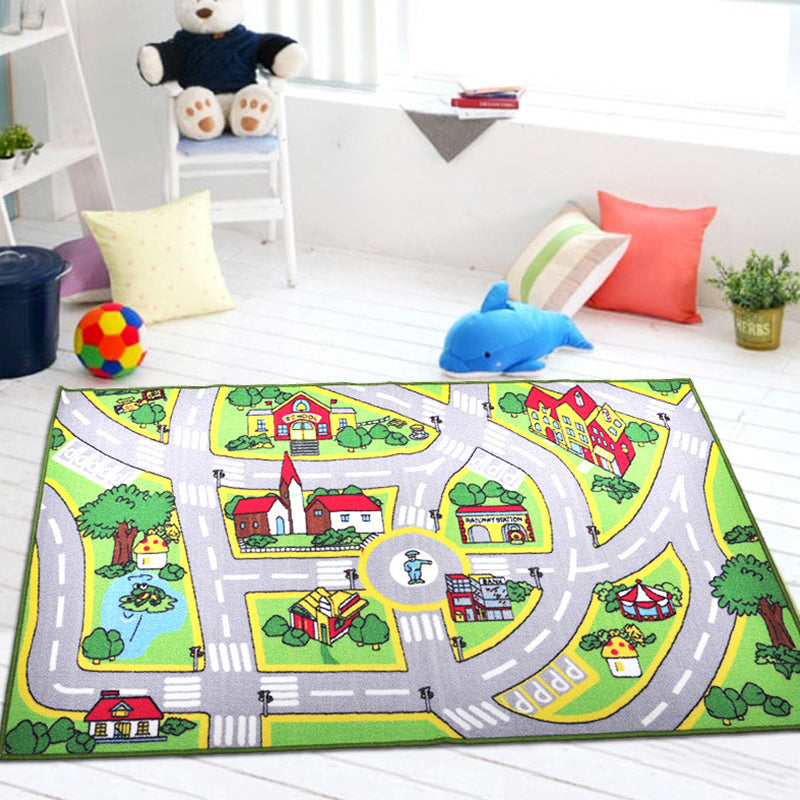 Funky Road Pattern Rug with Building Green and Grey Kids Rug Polyester Pet Friendly Washable Non-Slip Area Rug for Decoration Light Gray 3'3" x 4'11" Clearhalo 'Area Rug' 'Rug' 1811645