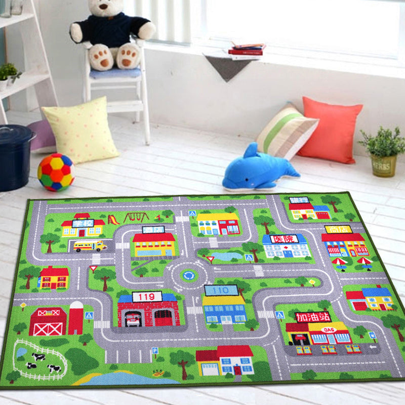 Funky Road Pattern Rug with Building Green and Grey Kids Rug Polyester Pet Friendly Washable Non-Slip Area Rug for Decoration Grey 3'3" x 4'11" Clearhalo 'Area Rug' 'Rug' 1811646