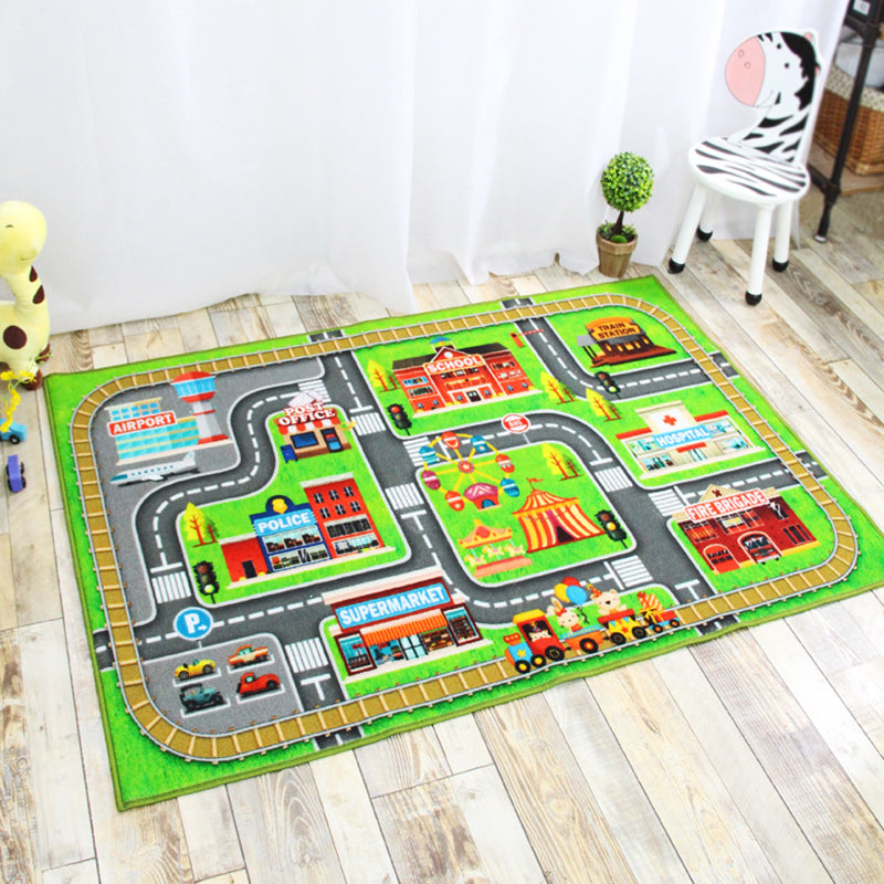 Funky Road Pattern Rug with Building Green and Grey Kids Rug Polyester Pet Friendly Washable Non-Slip Area Rug for Decoration Turquoise 3'3" x 4'11" Clearhalo 'Area Rug' 'Rug' 1811647