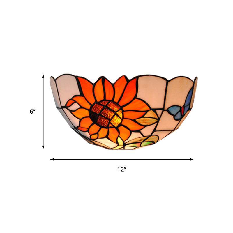 Sunflower Wall Lighting with Butterfly Pattern Rustic Loft Art Glass 1 Light Wall Sconce Light for Bedroom Clearhalo 'Industrial' 'Middle century wall lights' 'Tiffany wall lights' 'Tiffany' 'Wall Lamps & Sconces' 'Wall Lights' Lighting' 181178