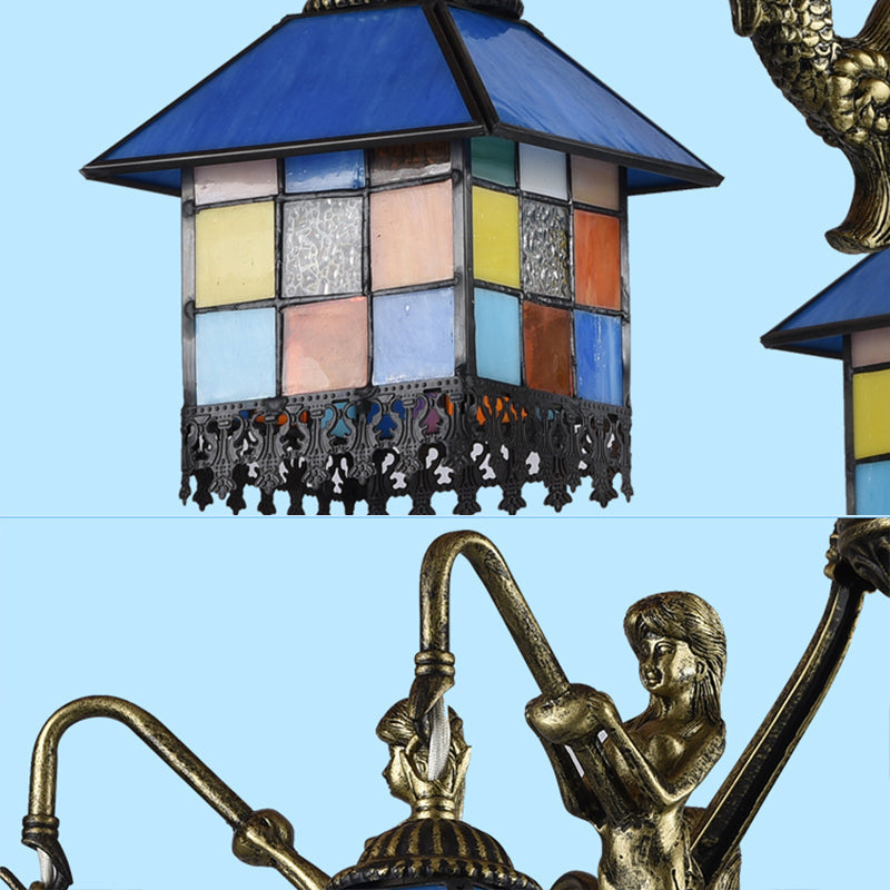House Stained Glass Chandelier Lamp Tiffany Style 5 Lights Clear/Blue Pendant Lighting Clearhalo 'Ceiling Lights' 'Chandeliers' 'Clear' 'Industrial' 'Middle Century Chandeliers' 'Modern' 'Tiffany Chandeliers' 'Tiffany close to ceiling' 'Tiffany' 'Traditional Chandeliers' Lighting' 181276