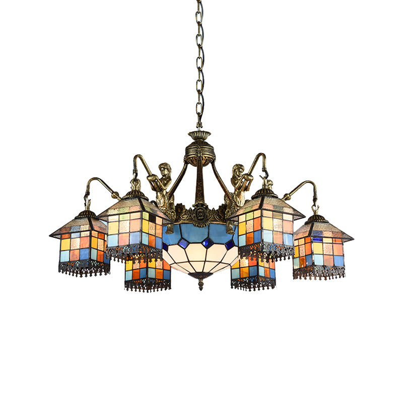 Stained Glass Clear/Blue Hanging Chandelier House 9 Lights Tiffany Pendant Lighting for Dining Room Clearhalo 'Ceiling Lights' 'Chandeliers' 'Clear' 'Close To Ceiling Lights' 'Industrial' 'Middle Century Chandeliers' 'Modern' 'Tiffany Chandeliers' 'Tiffany close to ceiling' 'Tiffany' 'Traditional Chandeliers' Lighting' 181334
