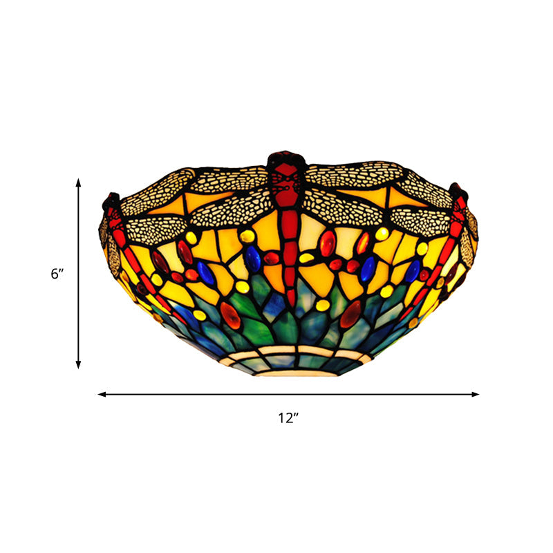 Dragonfly Sconce Lighting Rustic Lodge Stained Glass 1 Light Wall Mount Lighting in Yellow and Green Clearhalo 'Industrial' 'Middle century wall lights' 'Tiffany wall lights' 'Tiffany' 'Wall Lamps & Sconces' 'Wall Lights' Lighting' 181416