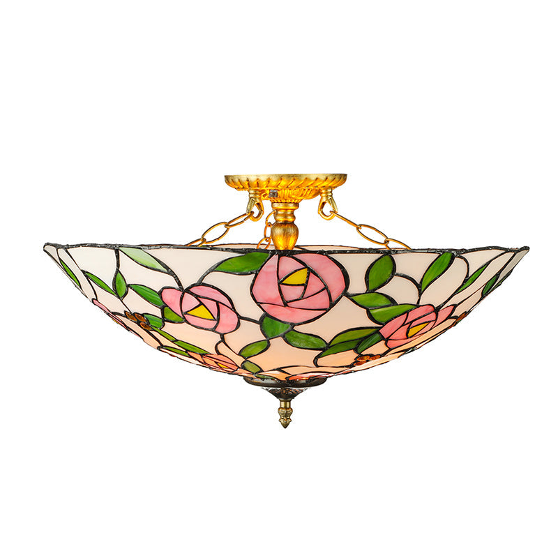 Pink and Green Bowl Flush Light with Rose Vintage Tiffany Stained Glass Flush Ceiling Light Clearhalo 'Ceiling Lights' 'Close To Ceiling Lights' 'Close to ceiling' 'Flush mount' Lighting' 181440