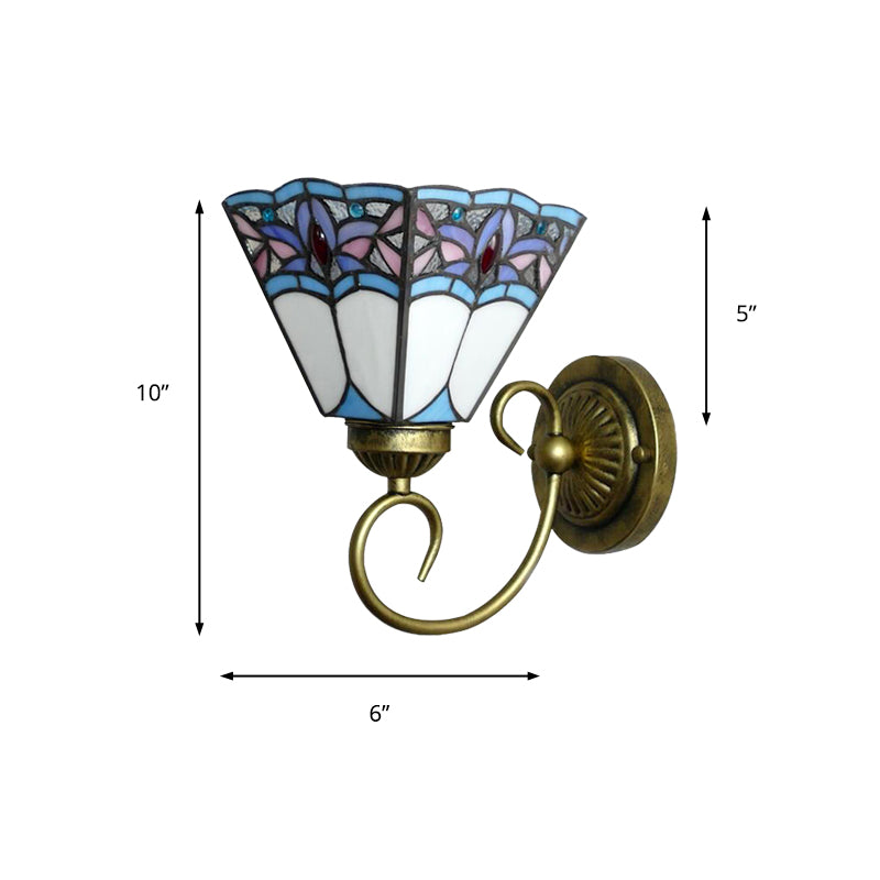 1 Head Wall Light Fixture Tiffany Cone Purple-Blue Glass Sconce Light Fixture with Scrolling Arm Clearhalo 'Industrial' 'Middle century wall lights' 'Tiffany wall lights' 'Tiffany' 'Wall Lamps & Sconces' 'Wall Lights' Lighting' 181767