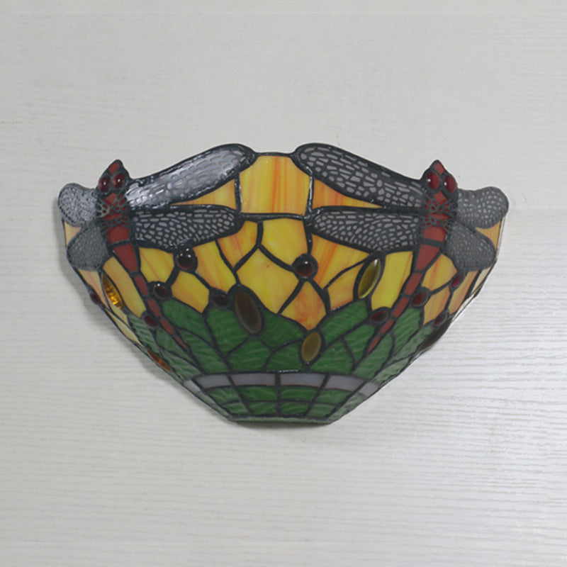 Bowl Shade Wall Light with Dragonfly Pattern 1 Light Rustic Stained Glass Sconce Lighting Yellow-Green Clearhalo 'Industrial' 'Middle century wall lights' 'Tiffany wall lights' 'Tiffany' 'Wall Lamps & Sconces' 'Wall Lights' Lighting' 181869