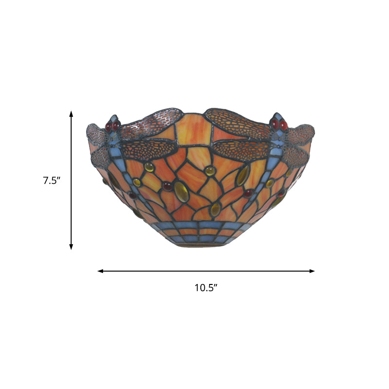 Dragonfly Wall Lighting Tiffany Style Stained Glass 1 Light Wall Sconce Lighting in Orange Clearhalo 'Industrial' 'Middle century wall lights' 'Tiffany wall lights' 'Tiffany' 'Wall Lamps & Sconces' 'Wall Lights' Lighting' 181876
