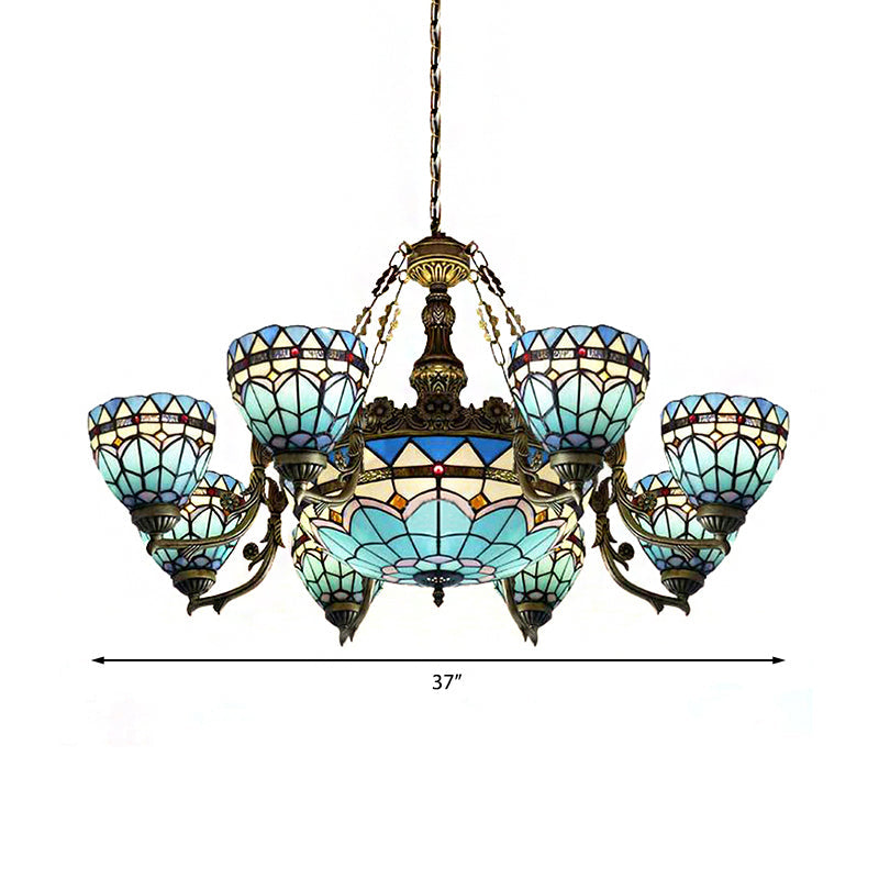 Vintage Domed Hanging Lamp Stained Glass 9 Lights Inverted Chandelier in Blue for Living Room Clearhalo 'Ceiling Lights' 'Chandeliers' 'Close To Ceiling Lights' 'Industrial' 'Middle Century Chandeliers' 'Tiffany Chandeliers' 'Tiffany close to ceiling' 'Tiffany' Lighting' 181993