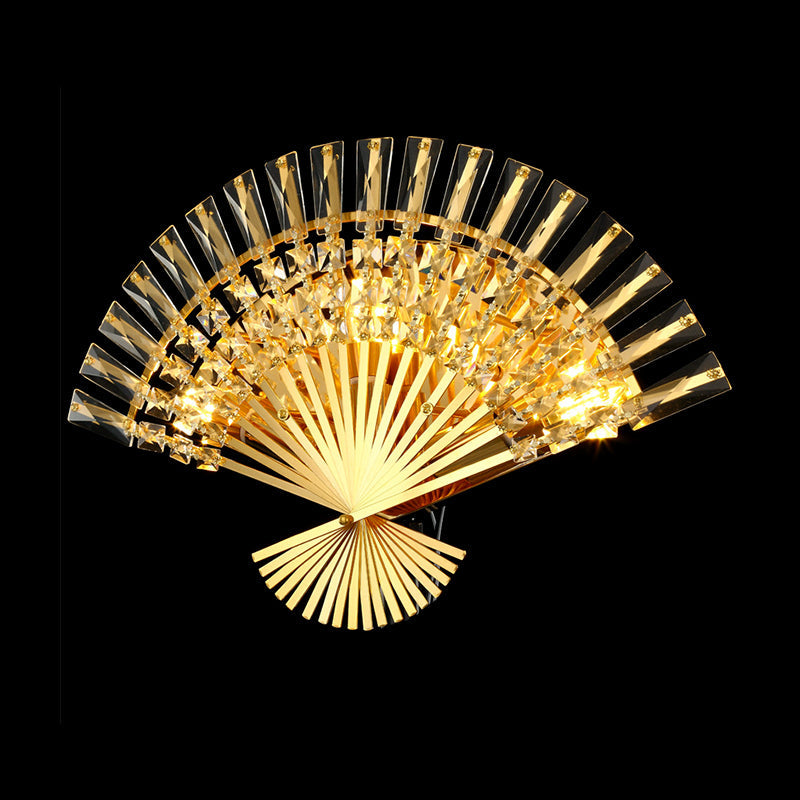 Golden Fan Shaped Sconce Lamp Vintage Style 3 Lights Metal Wall Light Fixture with Clear Crystal Decoration Clearhalo 'Modern wall lights' 'Modern' 'Wall Lamps & Sconces' 'Wall Lights' Lighting' 1820706